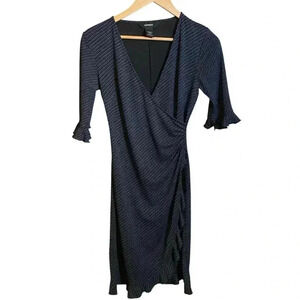 Express 1/2 Women's Dress Striped Ruffle Sleeve Fitted Ruched Waist Black & Blue